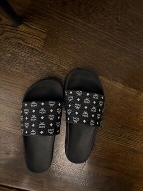 MCM Black Logo Slide Sandals for Kids with White Monogram